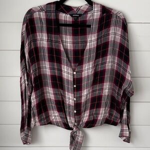 Express Women’s Maroon and Black Plaid Shirt